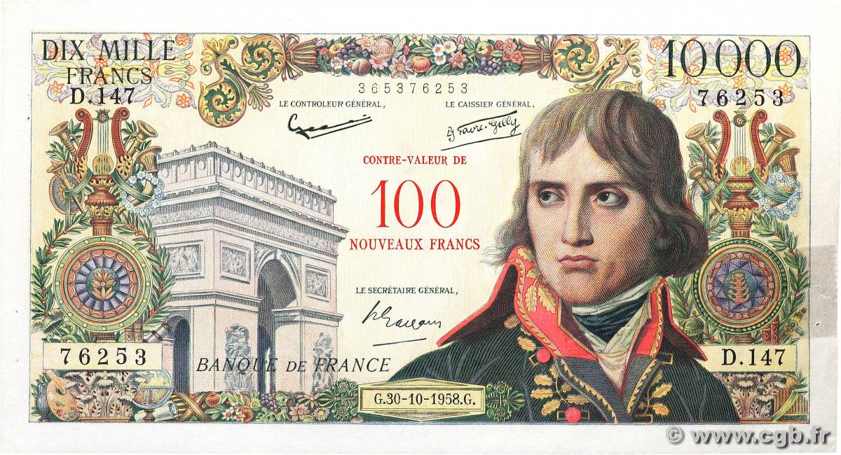 100 NF sur 10000 Francs BONAPARTE FRANCE  1958 F.55.01 TTB