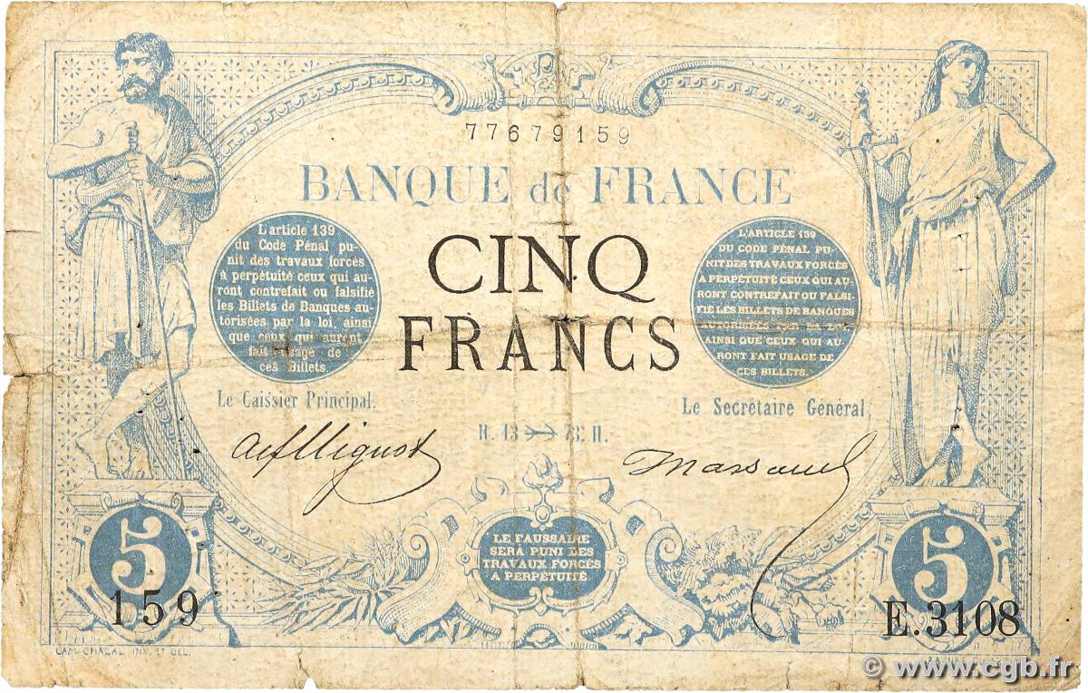 5 Francs NOIR FRANCE  1873 F.01.23 pr.B