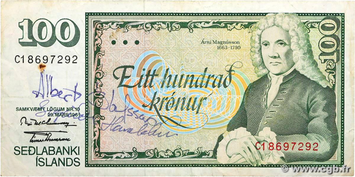 100 Kronur ICELAND  1961 P.50 F