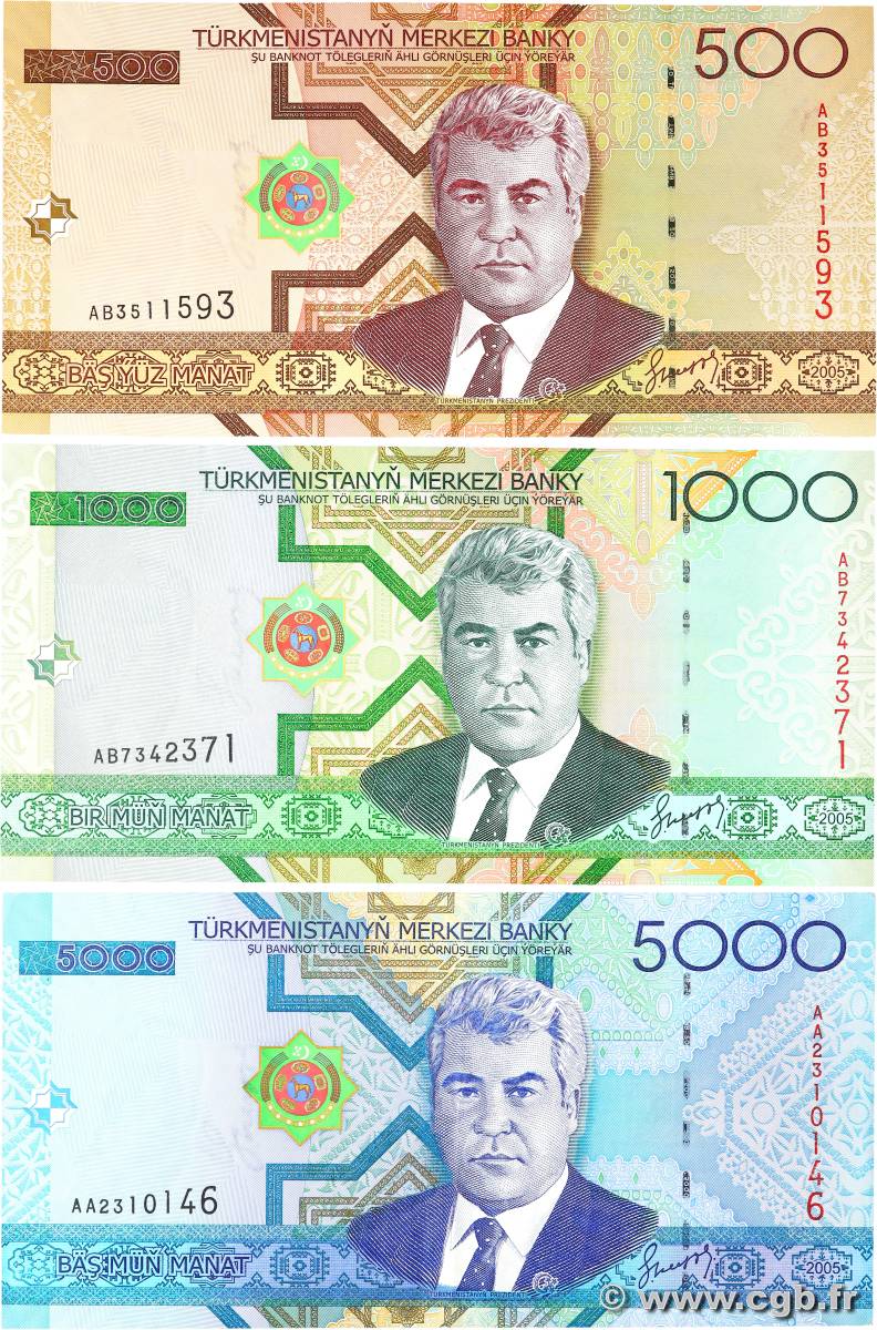 500 à 5000 Manat Lot TURKMÉNISTAN  2005 P.19 à P.21 SUP+