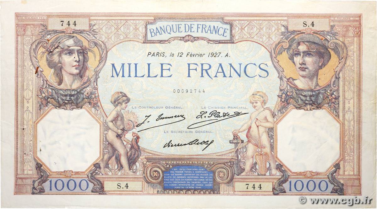 1000 Francs CÉRÈS ET MERCURE FRANCE  1927 F.37.01 TB+
