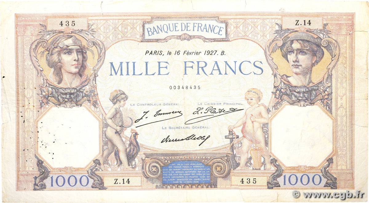 1000 Francs CÉRÈS ET MERCURE FRANCE  1927 F.37.01 B+