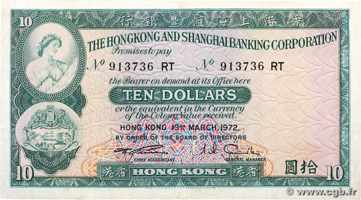 10 Dollars HONG KONG  1972 P.182g F