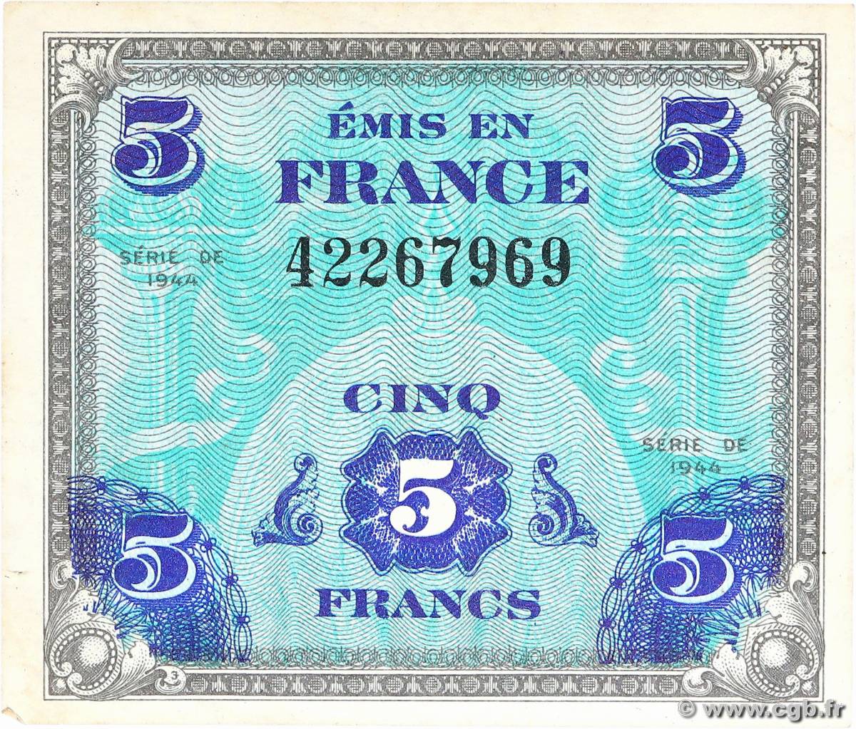 5 Francs DRAPEAU FRANKREICH  1944 VF.17.01 VZ+