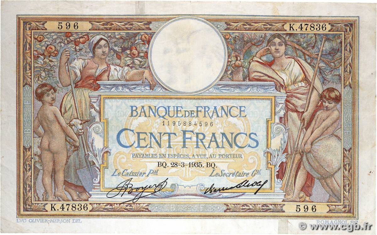 100 Francs LUC OLIVIER MERSON grands cartouches FRANCE  1935 F.24.14 TB