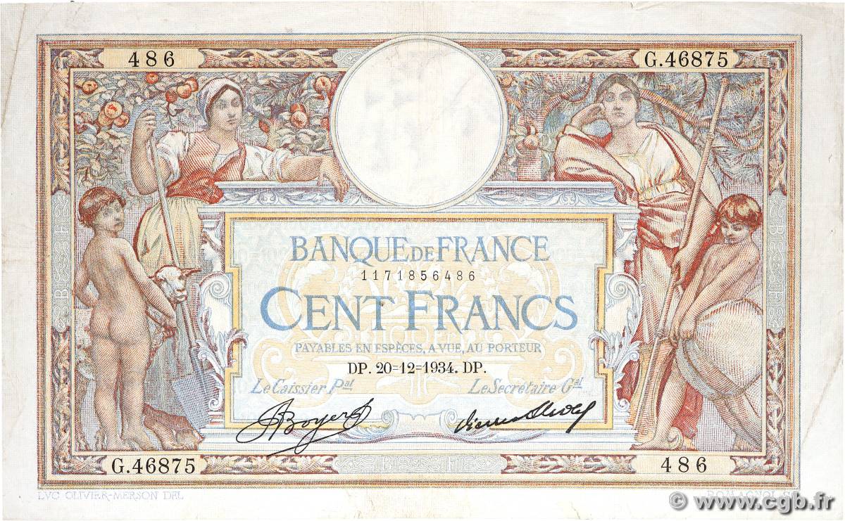 100 Francs LUC OLIVIER MERSON grands cartouches FRANCE  1934 F.24.13 F+