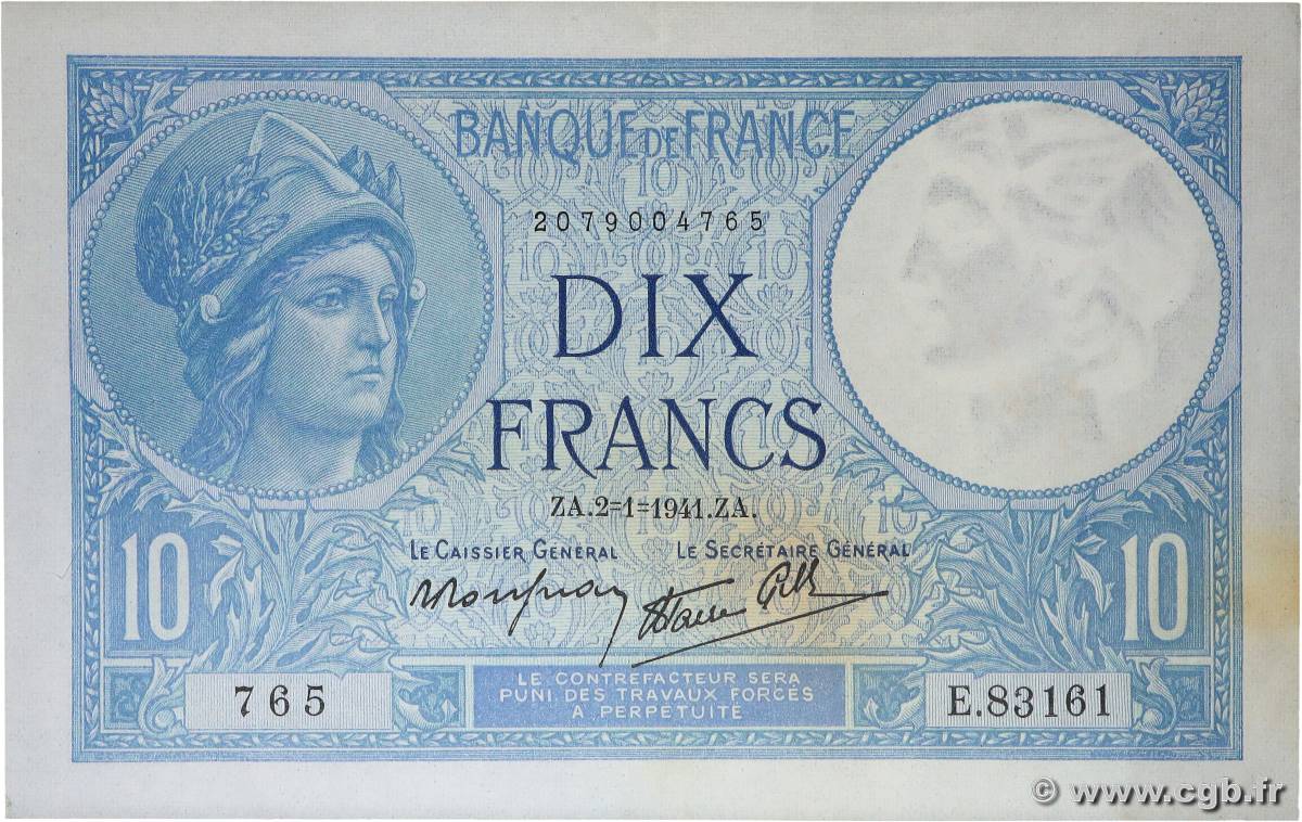 10 Francs MINERVE modifié FRANCE  1941 F.07.26 XF