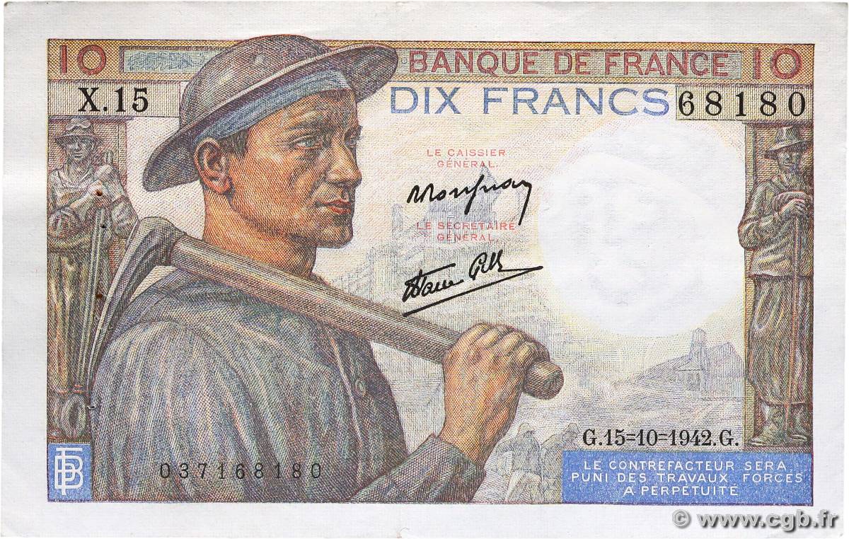 10 Francs MINEUR FRANCE  1942 F.08.04 SUP