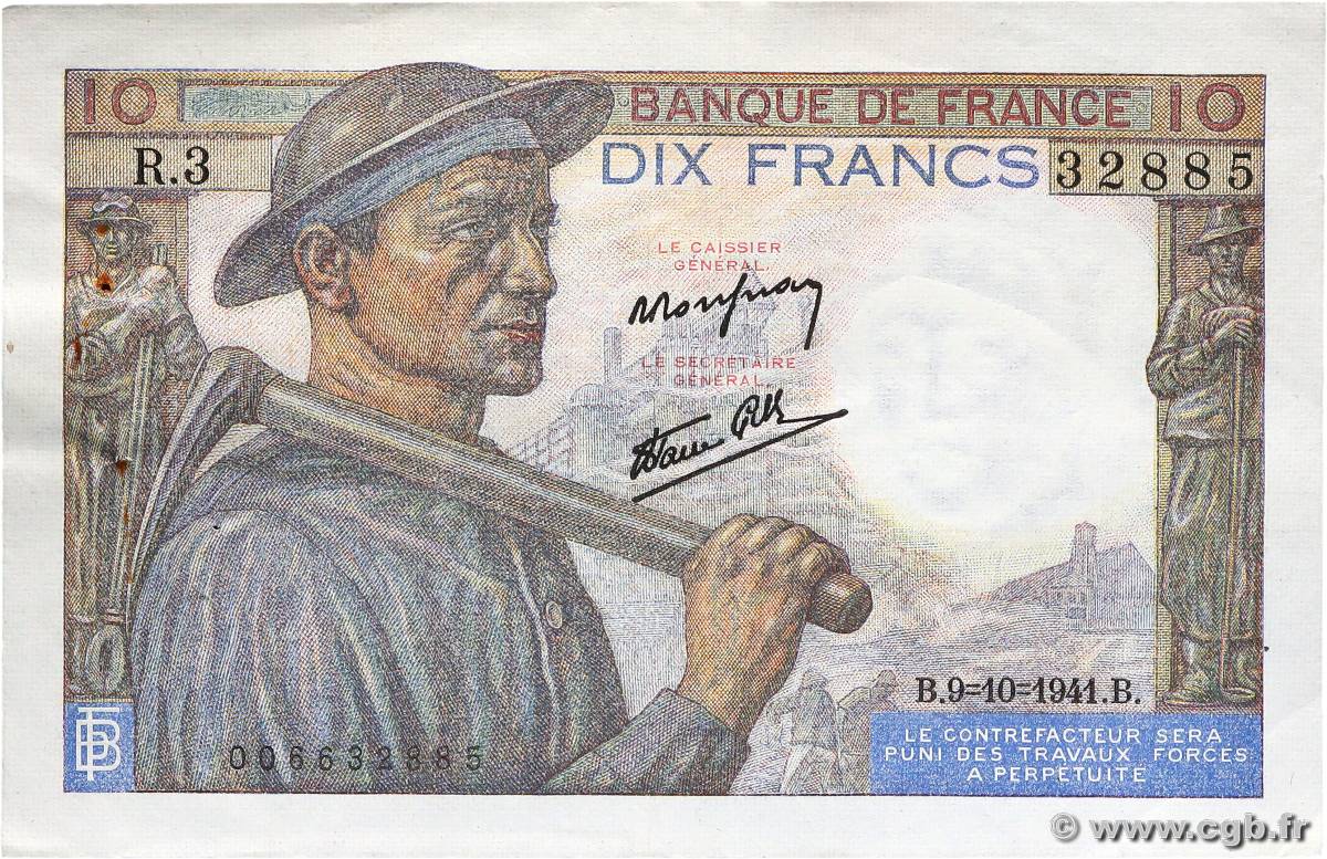 10 Francs MINEUR FRANCE  1941 F.08.02 TTB+