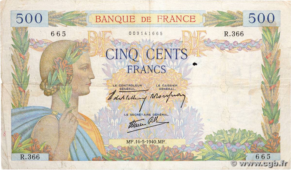500 Francs LA PAIX FRANCE  1940 F.32.02 TB
