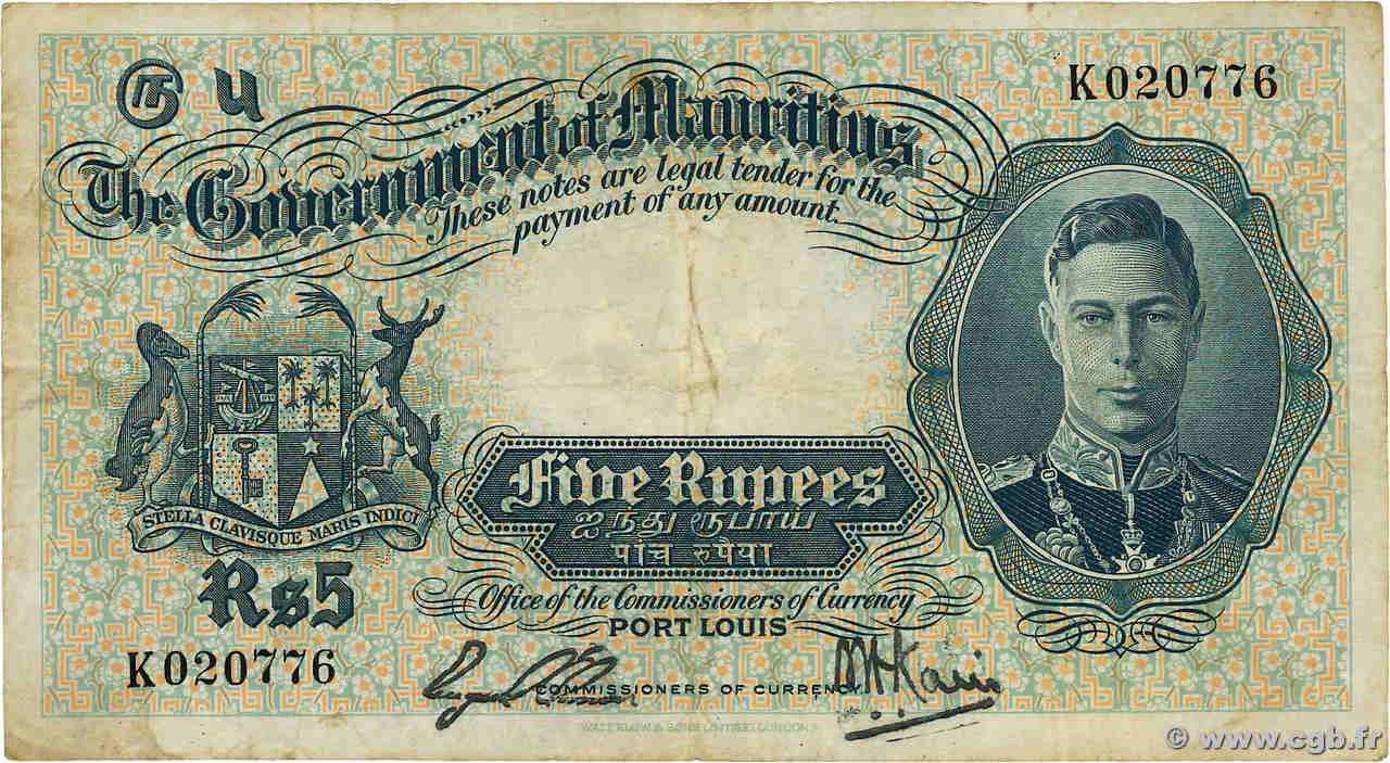 5 Rupees MAURITIUS  1937 P.22 fS