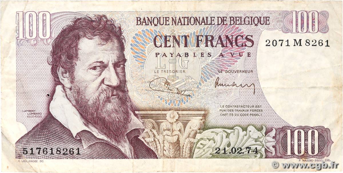 100 Francs BELGIEN  1974 P.134b fSS