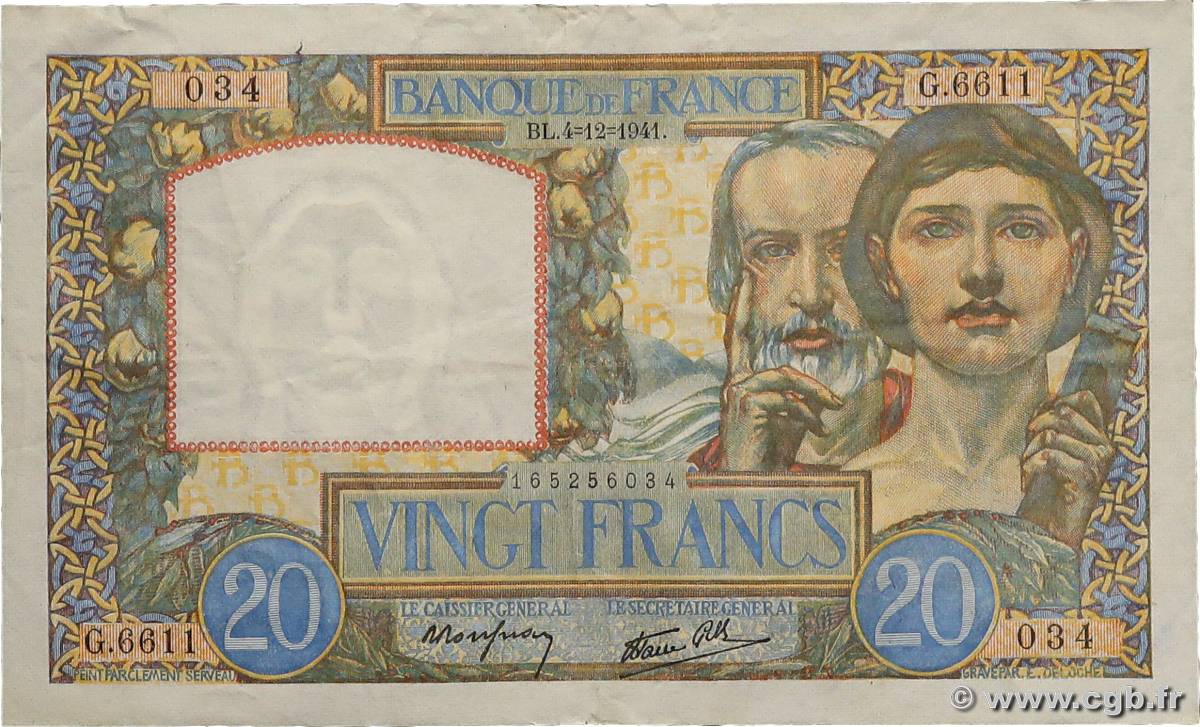 20 Francs TRAVAIL ET SCIENCE FRANKREICH  1941 F.12.20 SS