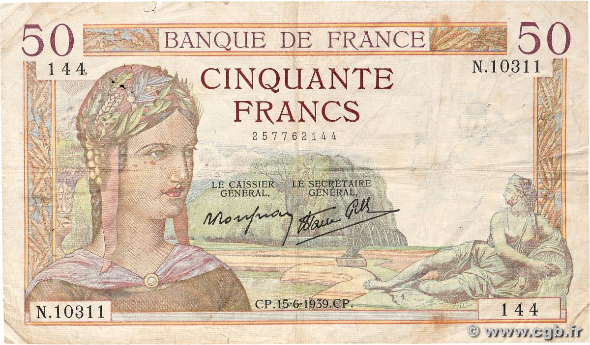 50 Francs CÉRÈS modifié FRANCE  1939 F.18.26 F