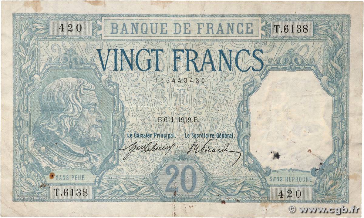 20 Francs BAYARD FRANKREICH  1919 F.11.04 fSS