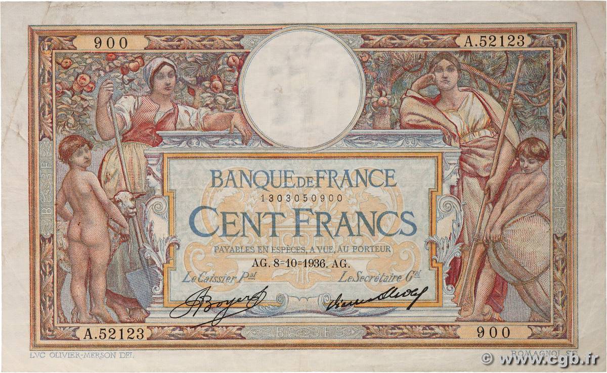 100 Francs LUC OLIVIER MERSON grands cartouches FRANKREICH  1936 F.24.15 S