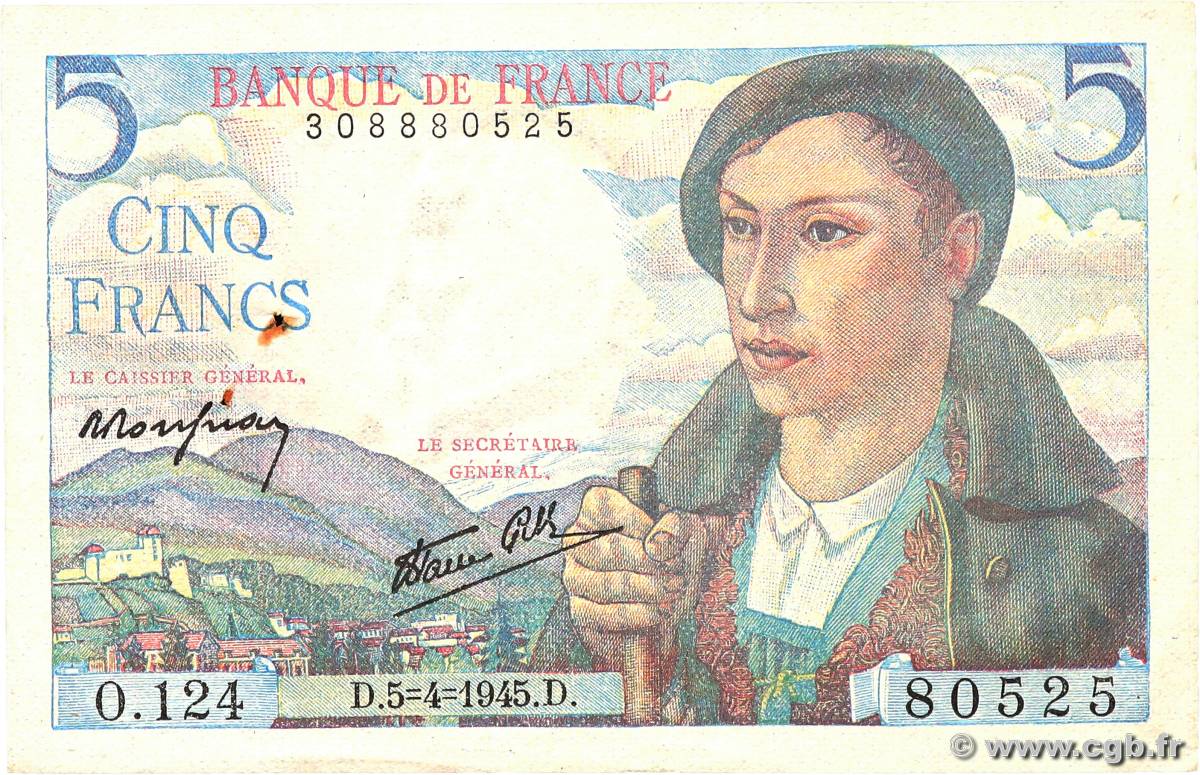 5 Francs BERGER FRANKREICH  1945 F.05.06 fST