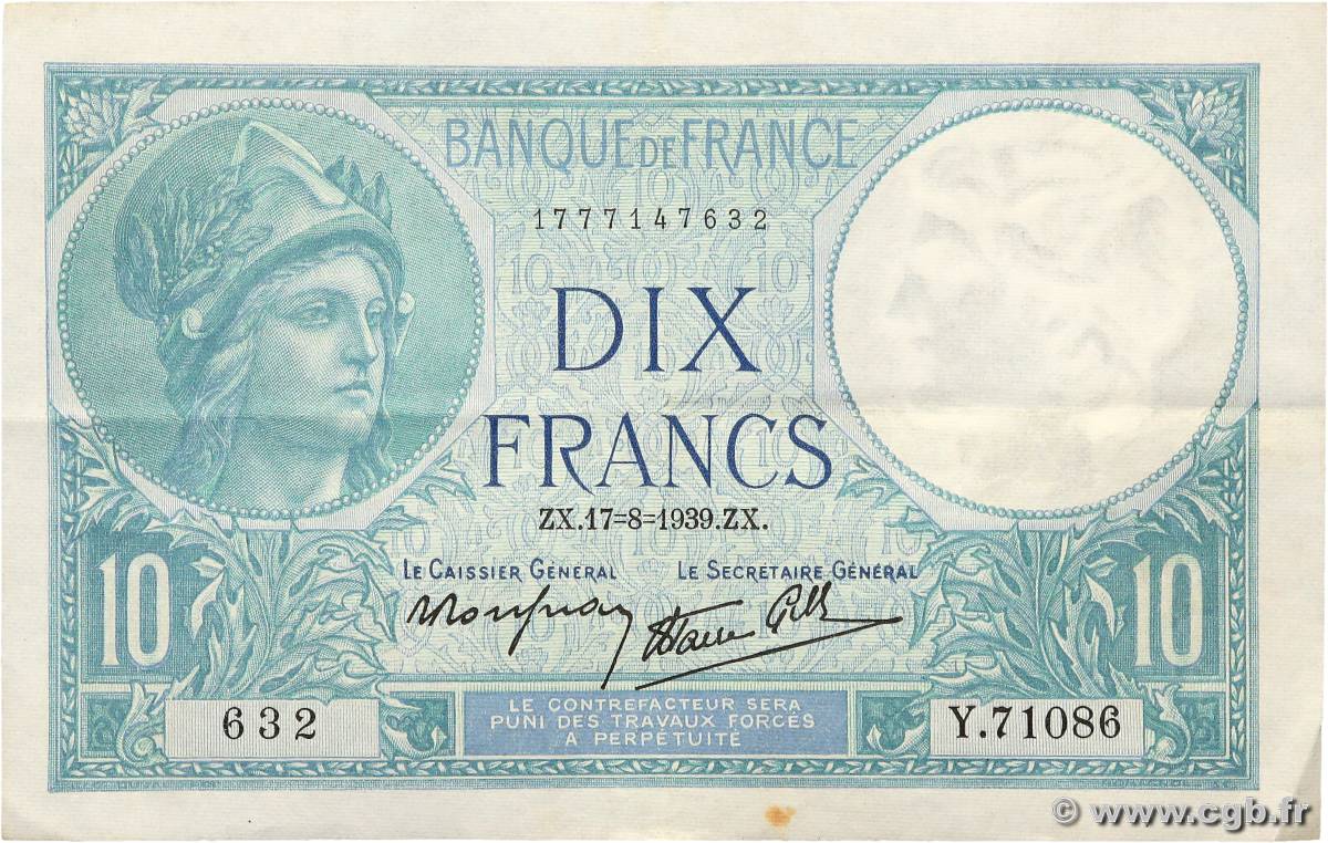 10 Francs MINERVE modifié FRANKREICH  1939 F.07.05 fVZ