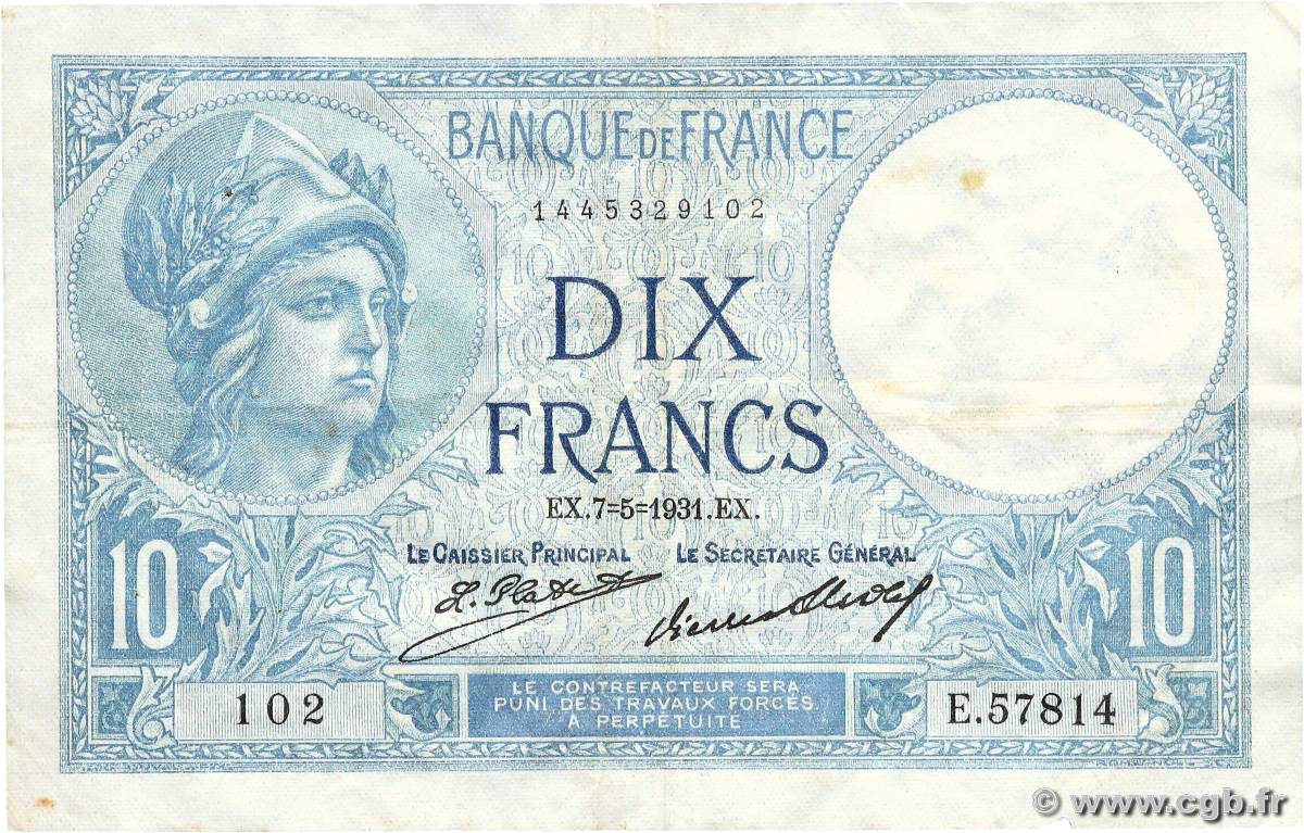 10 Francs MINERVE FRANCE  1931 F.06.15 VF