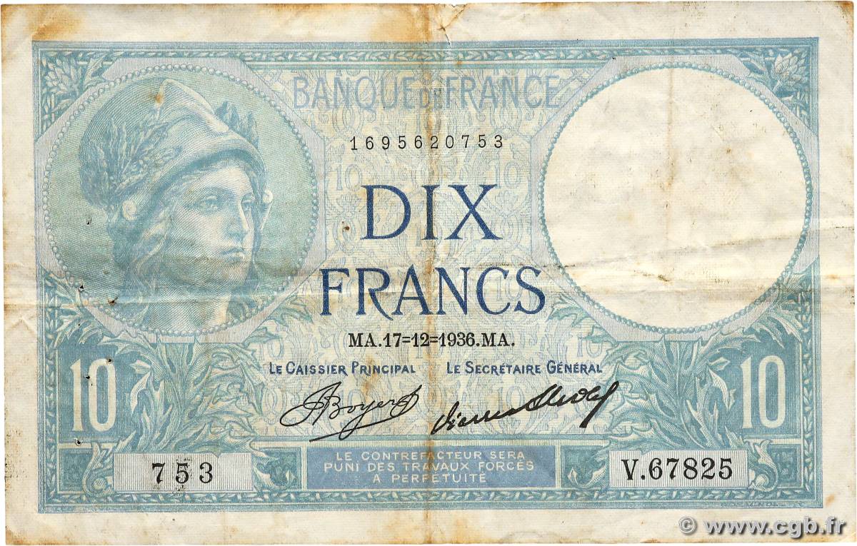 10 Francs MINERVE FRANCIA  1936 F.06.17 MB