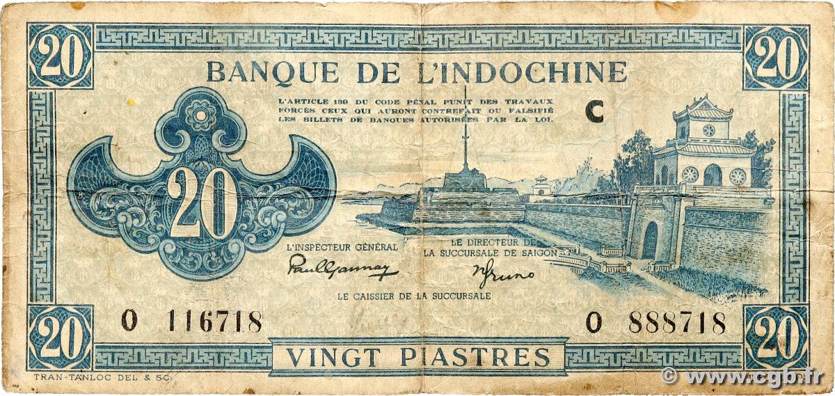 20 Piastres bleu INDOCINA FRANCESE  1943 P.065 MB