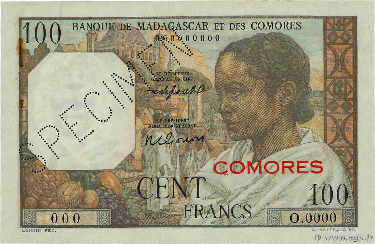 100 Francs - 20 Ariary Spécimen COMOROS  1961 P.03bs XF+