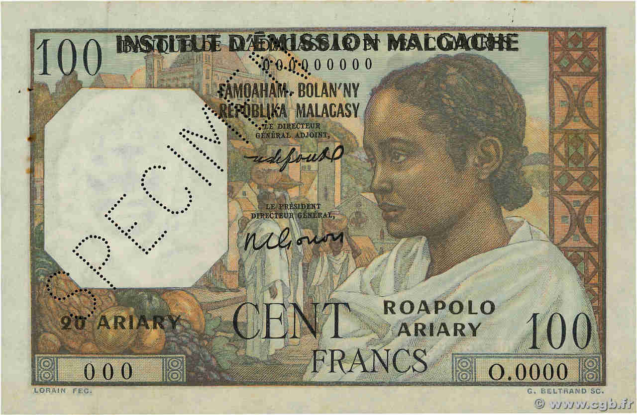 100 Francs - 20 Ariary Spécimen MADAGASCAR  1961 P.052s SPL+