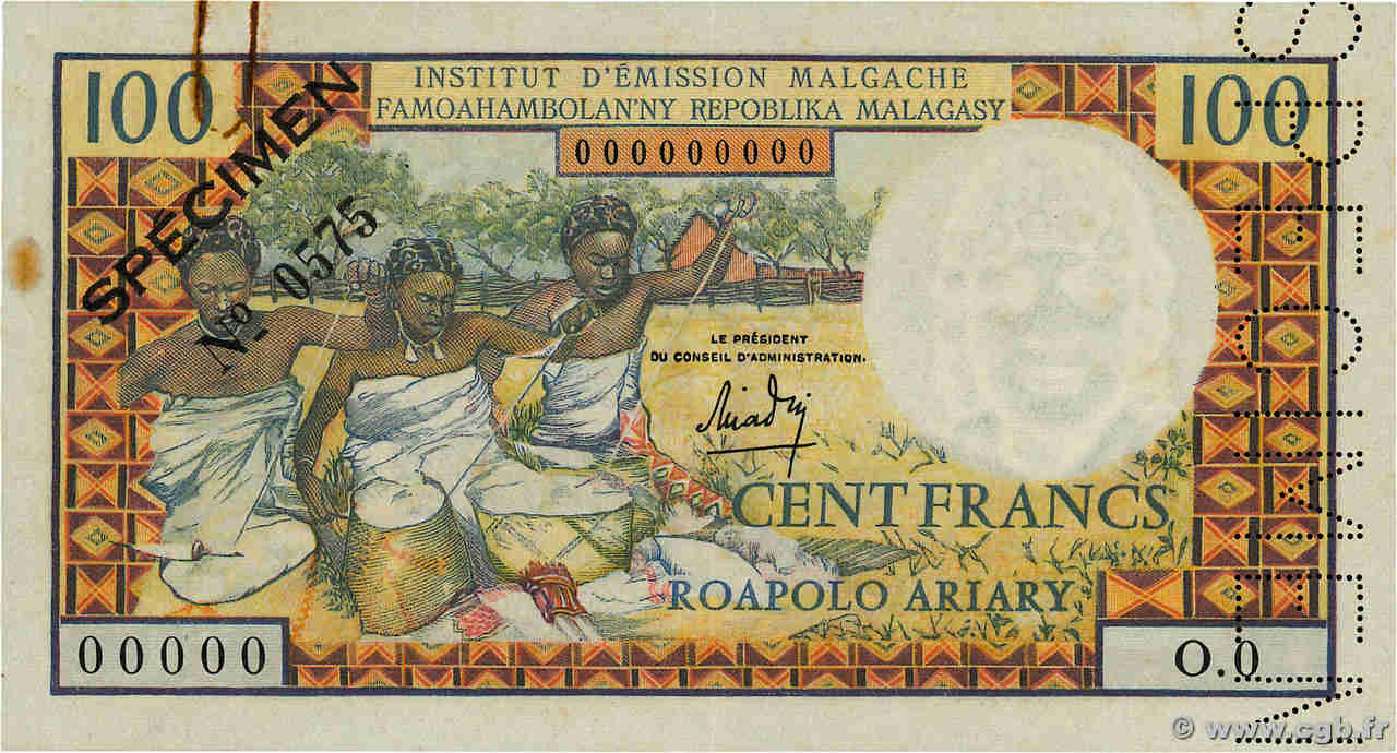 100 Francs - 20 Ariary Spécimen MADAGASCAR  1966 P.057s XF+