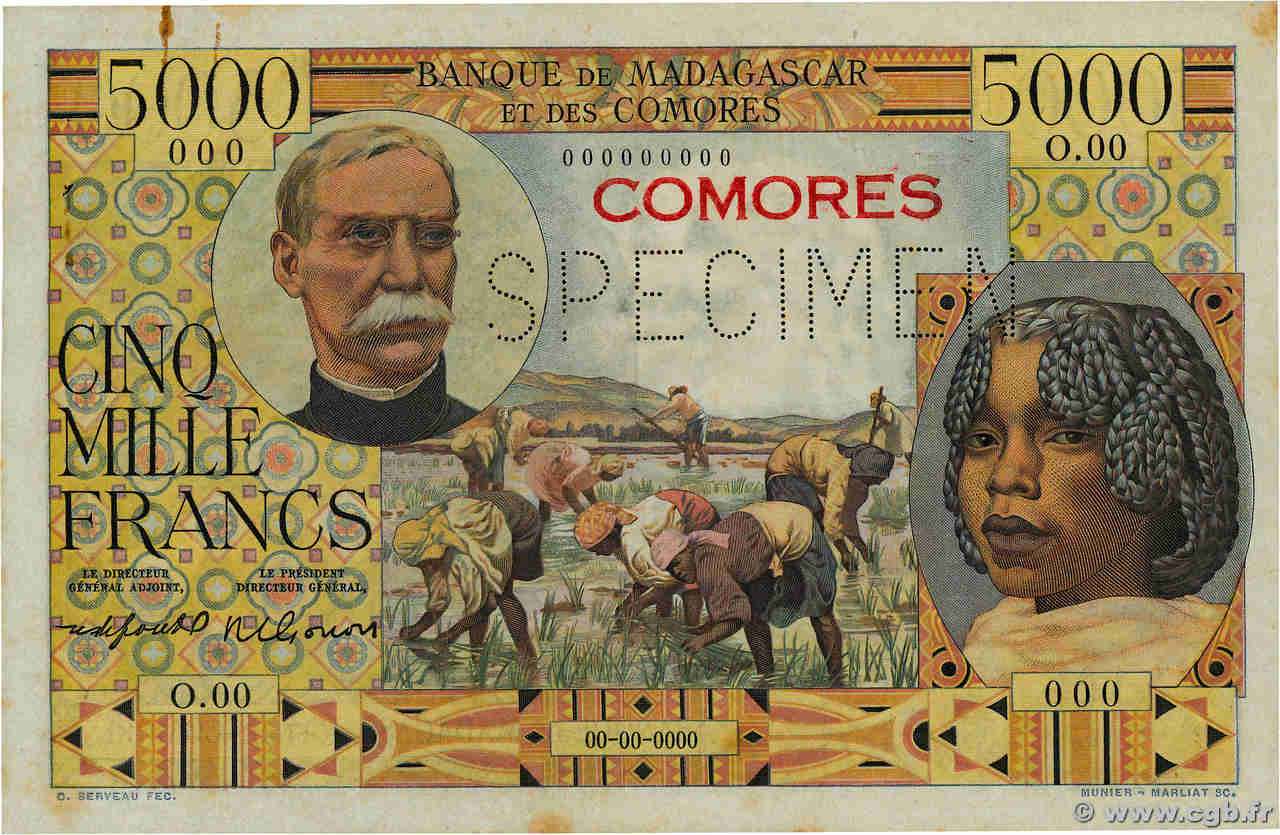 5000 Francs Spécimen COMORAS  1960 P.06s EBC+