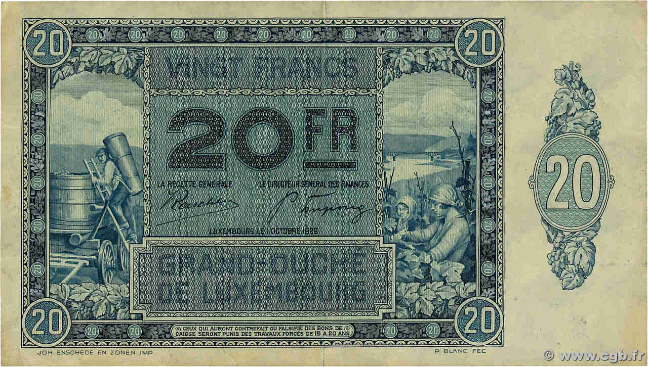 20 Francs LUXEMBOURG  1929 P.37a SUP