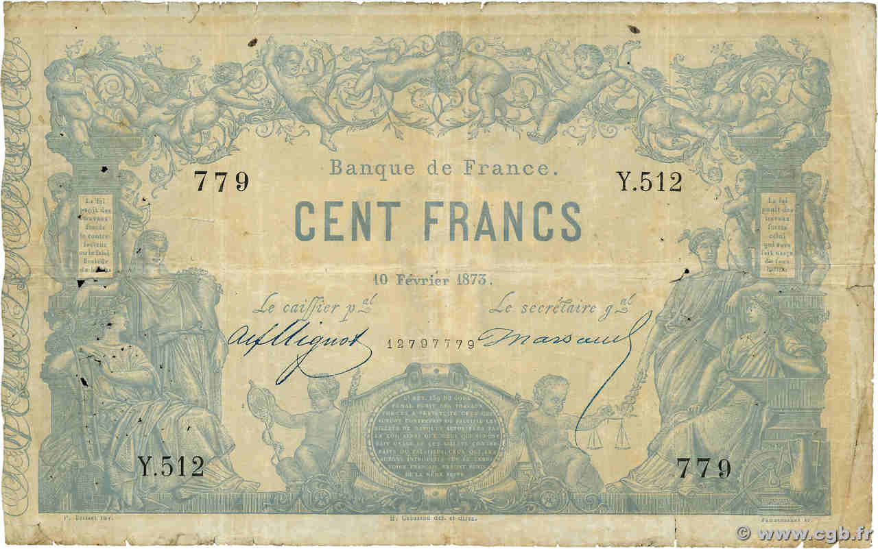 100 Francs type 1862 - Bleu à indices Noirs FRANCIA  1873 F.A39.09 RC+