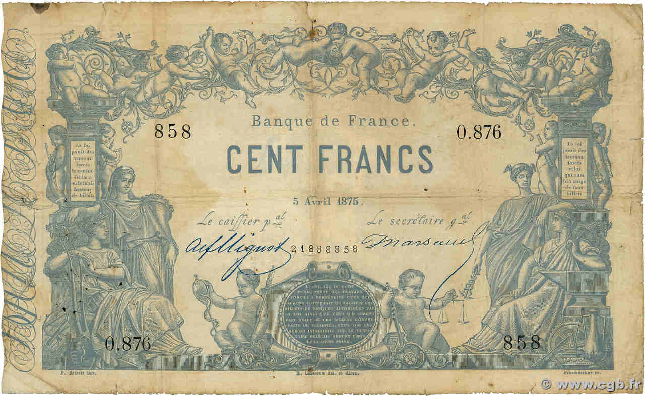 100 Francs type 1862 - Bleu à indices Noirs FRANCE  1875 F.A39.11 B+