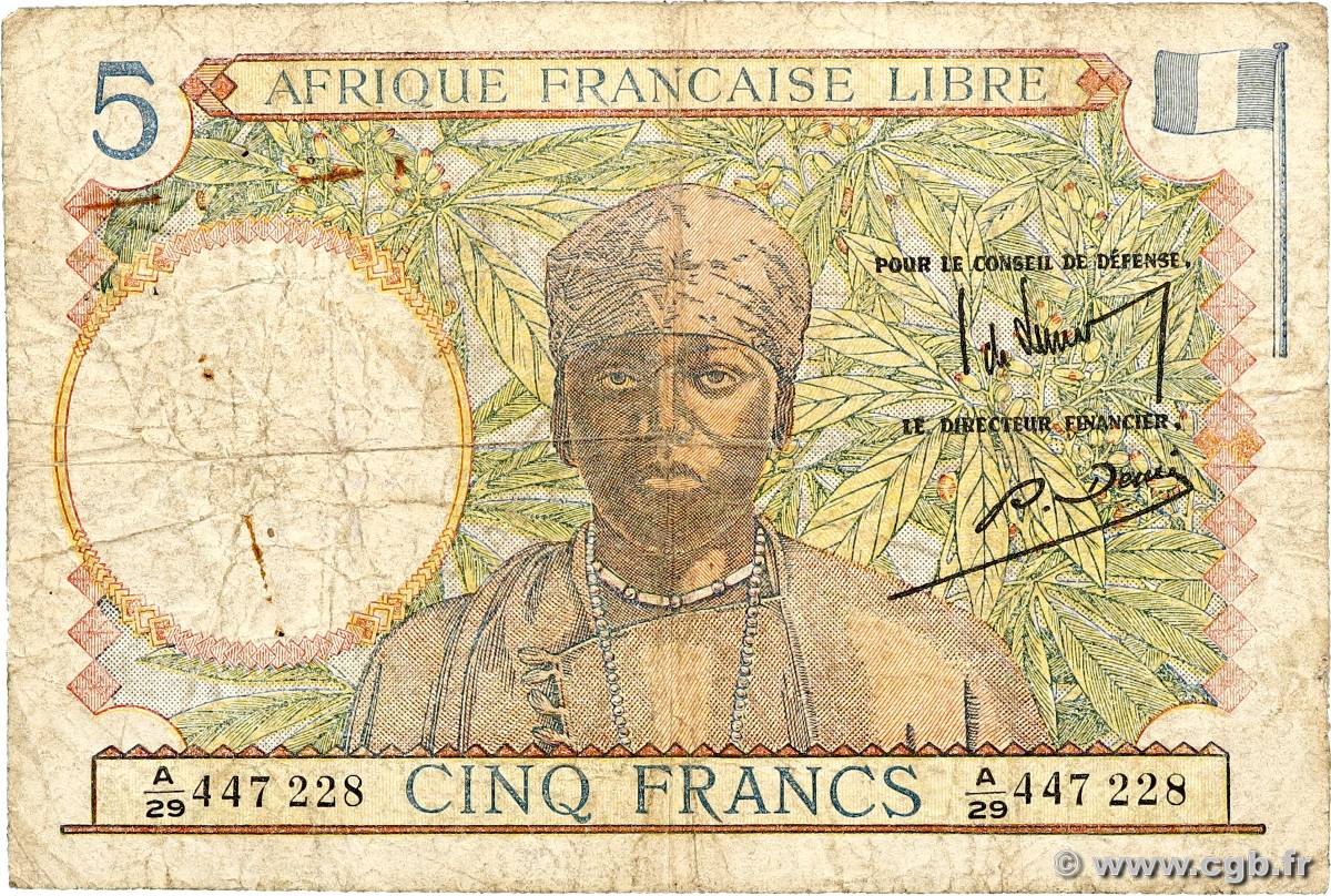 5 Francs FRENCH EQUATORIAL AFRICA Brazzaville 1941 P.06a G