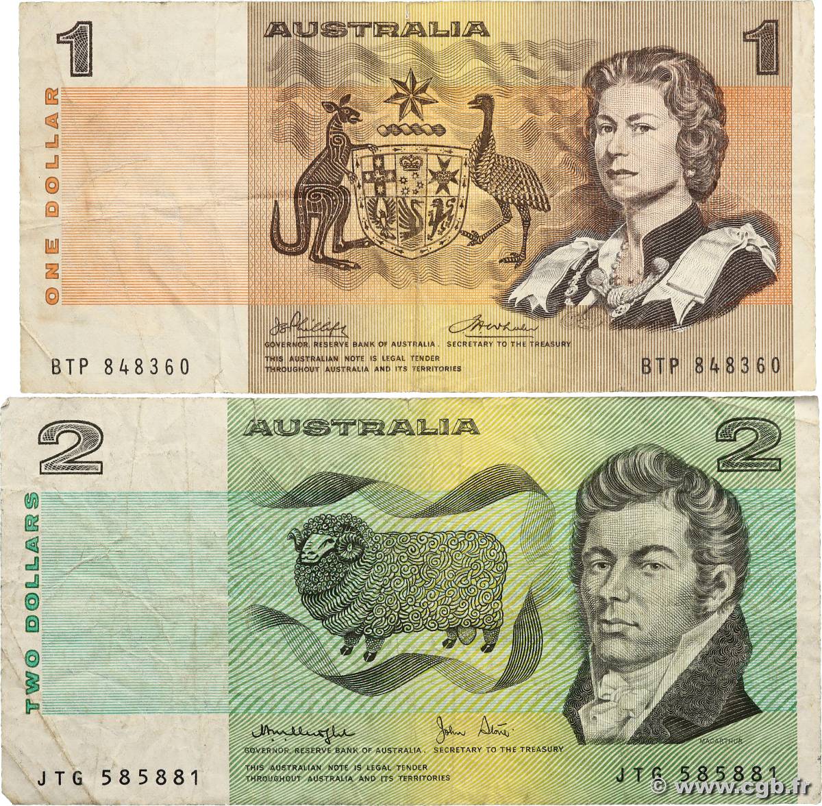 1 et 2 Dollars Lot AUSTRALIA  1979 P.42A et P.43c BC