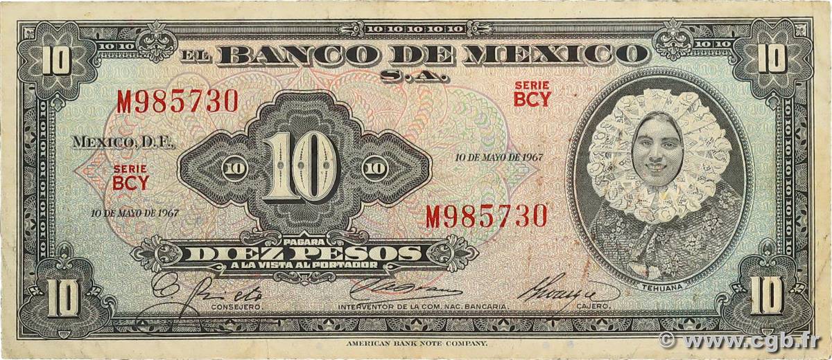 10 Pesos MEXICO  1967 P.058l MBC