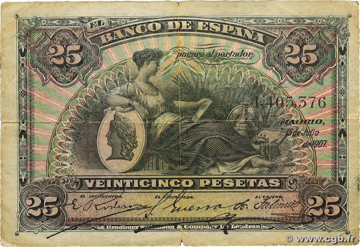 25 Pesetas ESPAGNE  1907 P.062a pr.TB