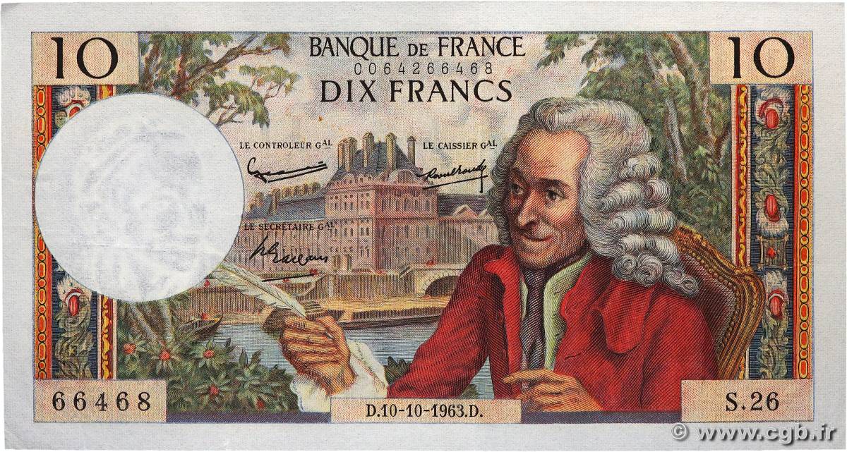 10 Francs VOLTAIRE FRANCE  1963 F.62.04 TTB+