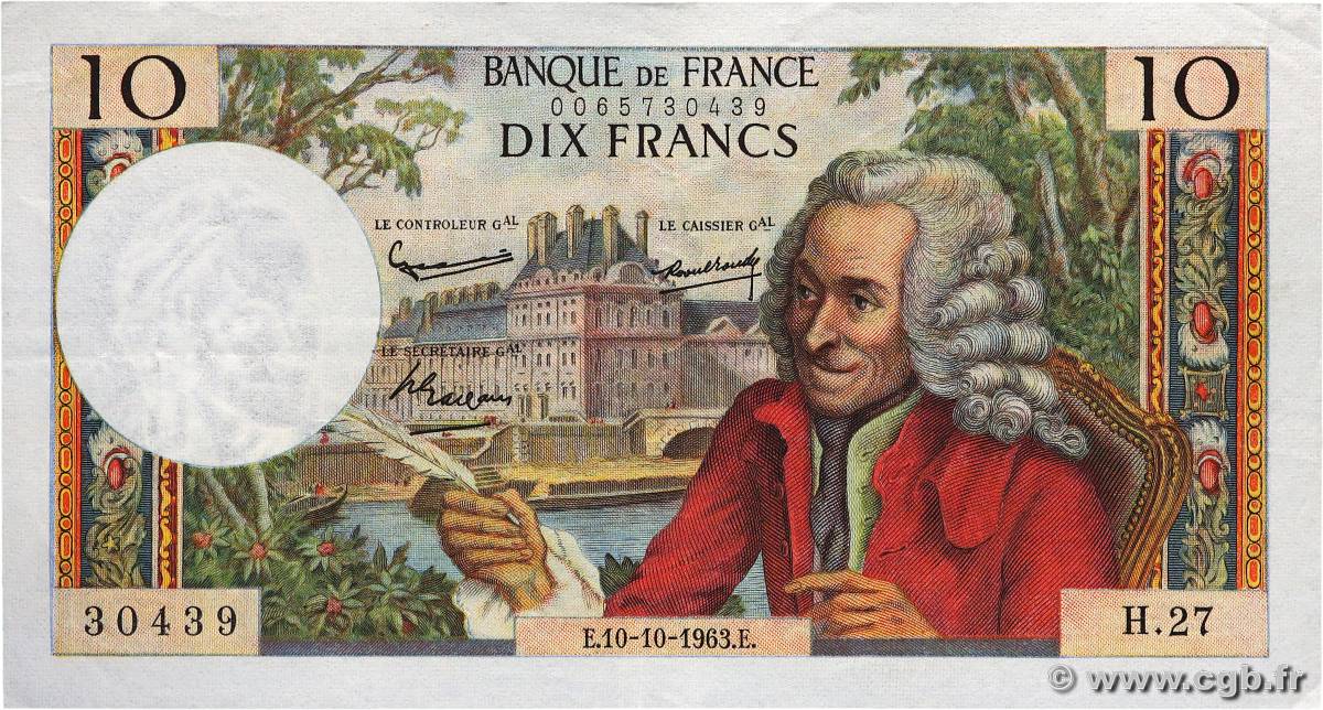 10 Francs VOLTAIRE FRANCE  1963 F.62.04 VF+