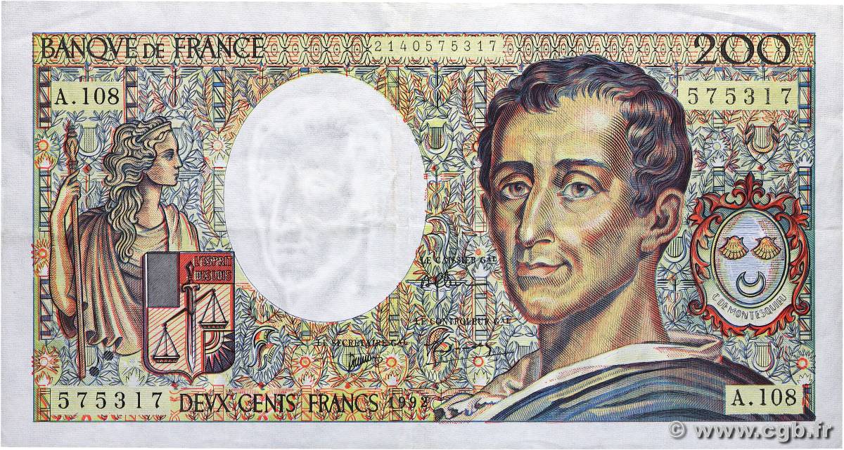 200 Francs MONTESQUIEU FRANCE  1992 F.70.12a TTB