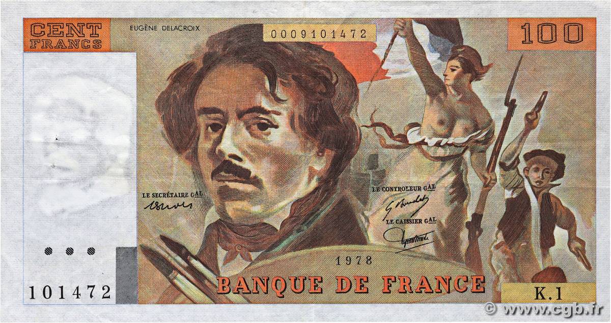 100 Francs DELACROIX FRANCE  1978 F.68.01 pr.TTB