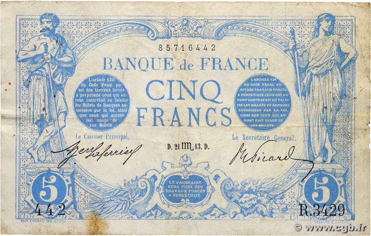 5 Francs BLEU FRANCE  1913 F.02.21 TB