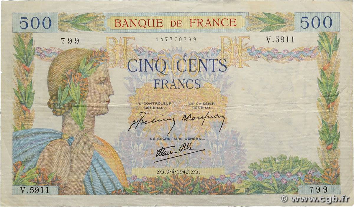 500 Francs LA PAIX FRANKREICH  1942 F.32.34 S