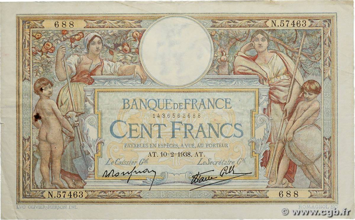 100 Francs LUC OLIVIER MERSON type modifié FRANCE  1938 F.25.10 pr.TTB