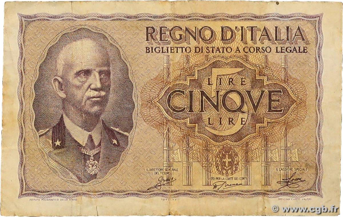 5 Lire ITALIE  1940 P.028 TB