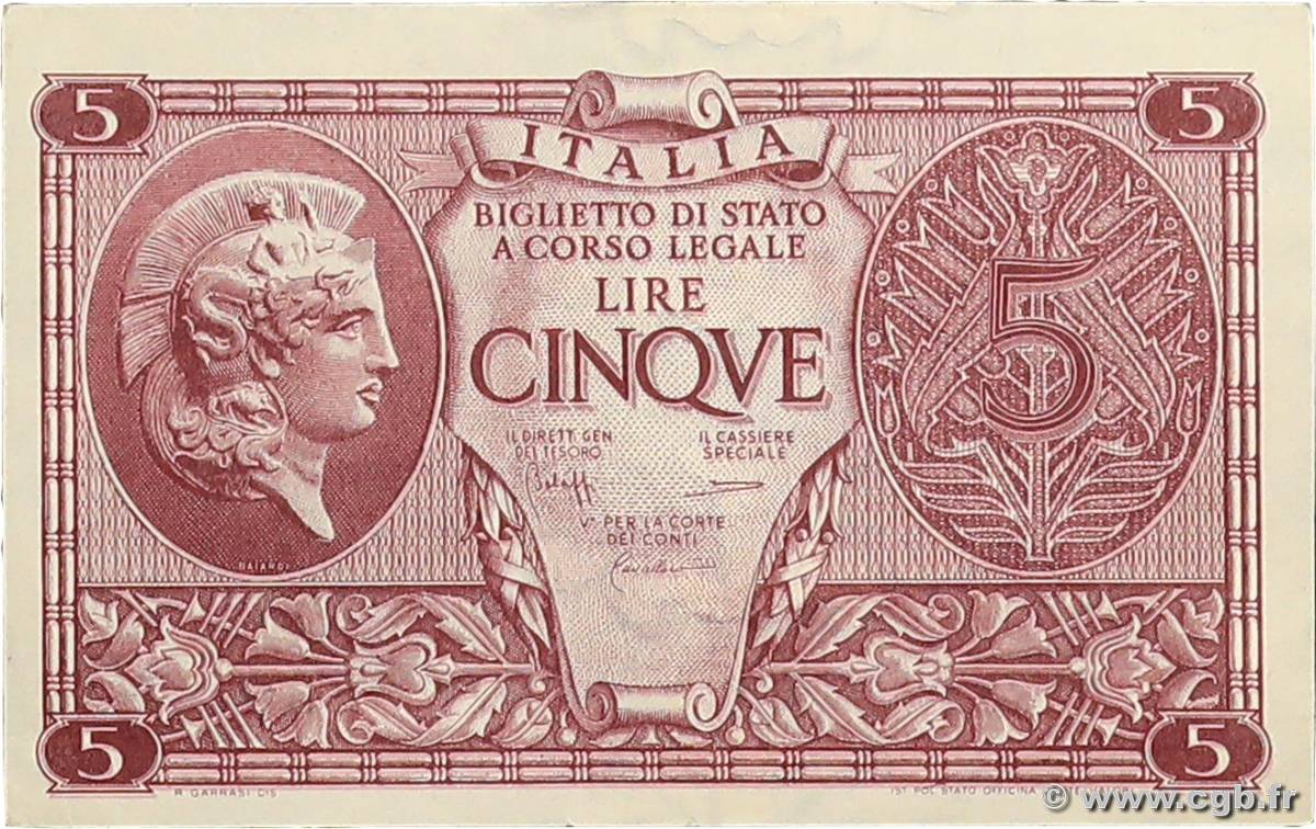 5 Lire ITALY  1944 P.031c VF