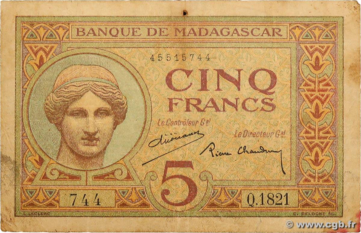 5 Francs MADAGASCAR  1937 P.035 VG