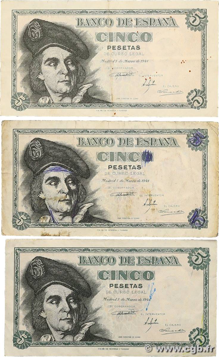 5 Pesetas Lot ESPAGNE  1948 P.136a TTB