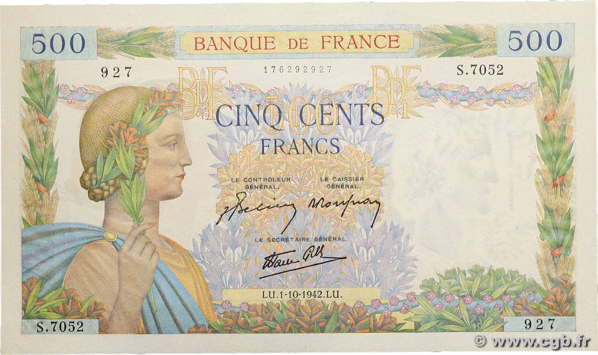 500 Francs LA PAIX FRANCE  1942 F.32.41 UNC-