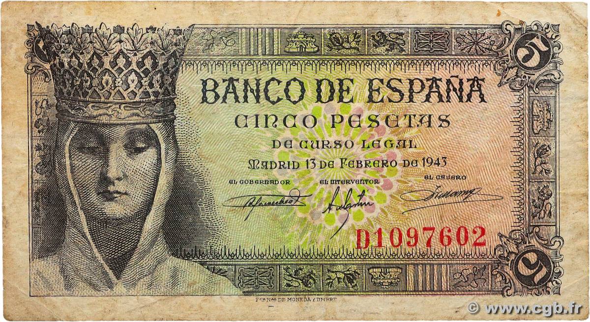 5 Pesetas ESPAGNE  1943 P.127a B+