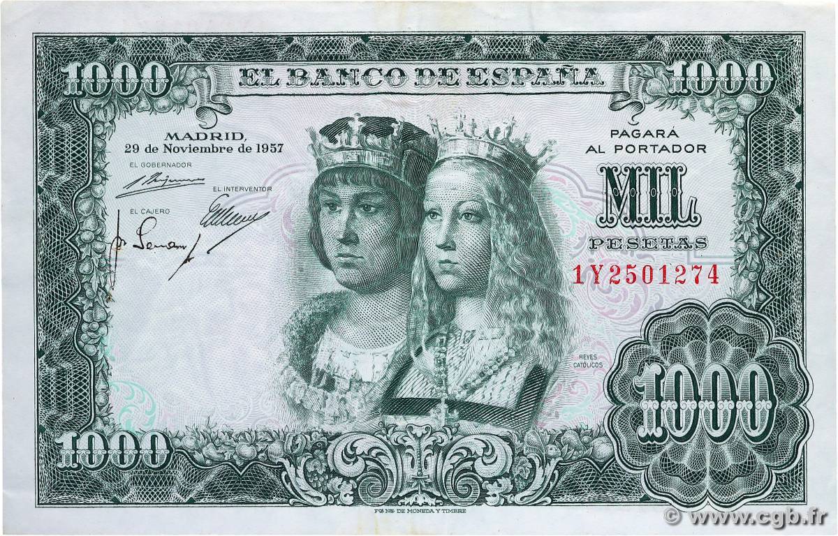 1000 Pesetas ESPAGNE  1957 P.149a TTB